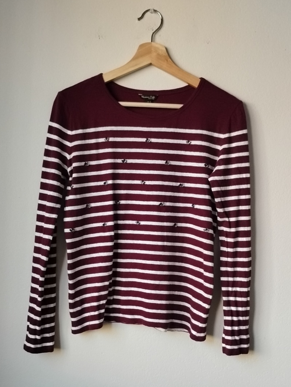 Massimo Dutti Women's Size M Maroon & White Striped Crewneck Sweater